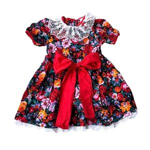 Vintage Atlanta baby girl Floral Dress with Red Bow and Lace Collar Size 4T